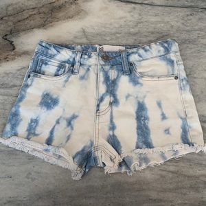 RSQ jean shorts. perfect condition. mid rise. blue/white tie-dye design.